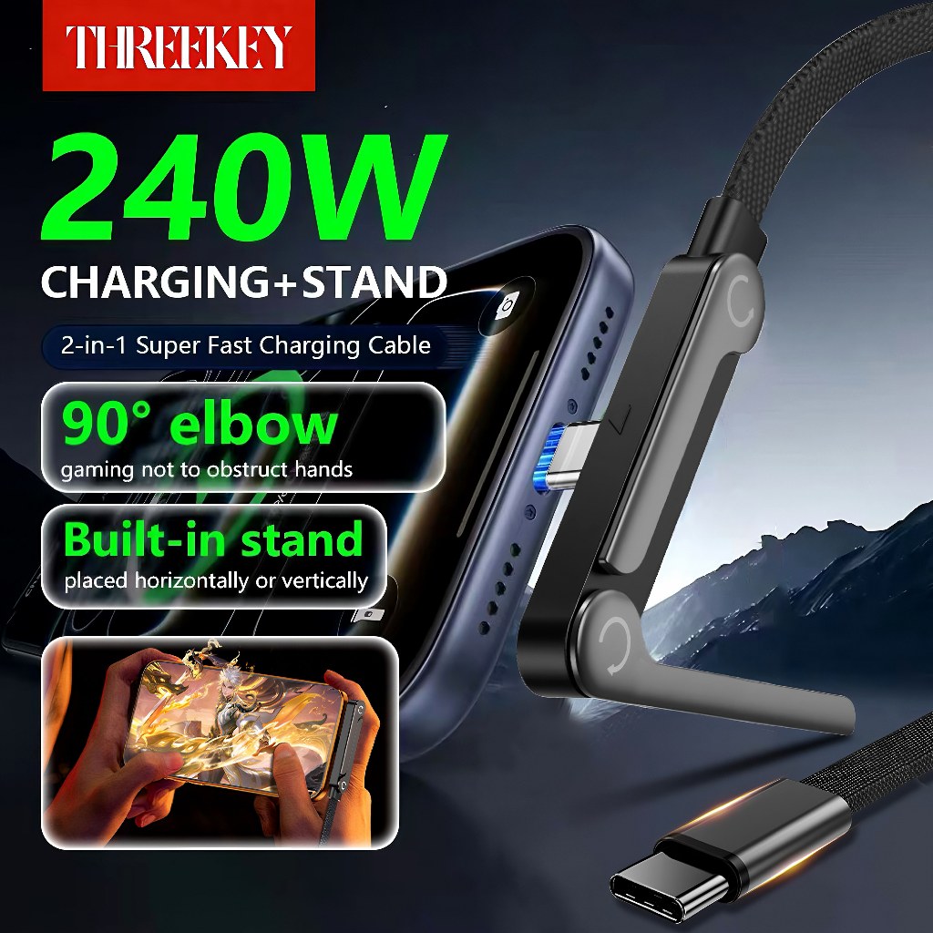 THREEKEY 240W สายดาต้าชาร์จเร็วพิเศษ มาพร้อมขาตั้งโทรศัพท์ในตัว