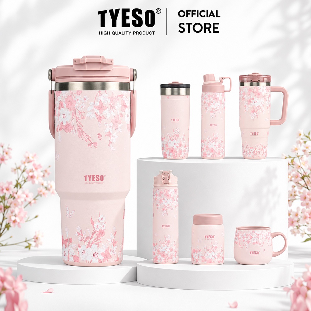 TYESO รุ่นใหม่ 2026 แก้วเก็บความเย็นลายดอกไม้ 900ML