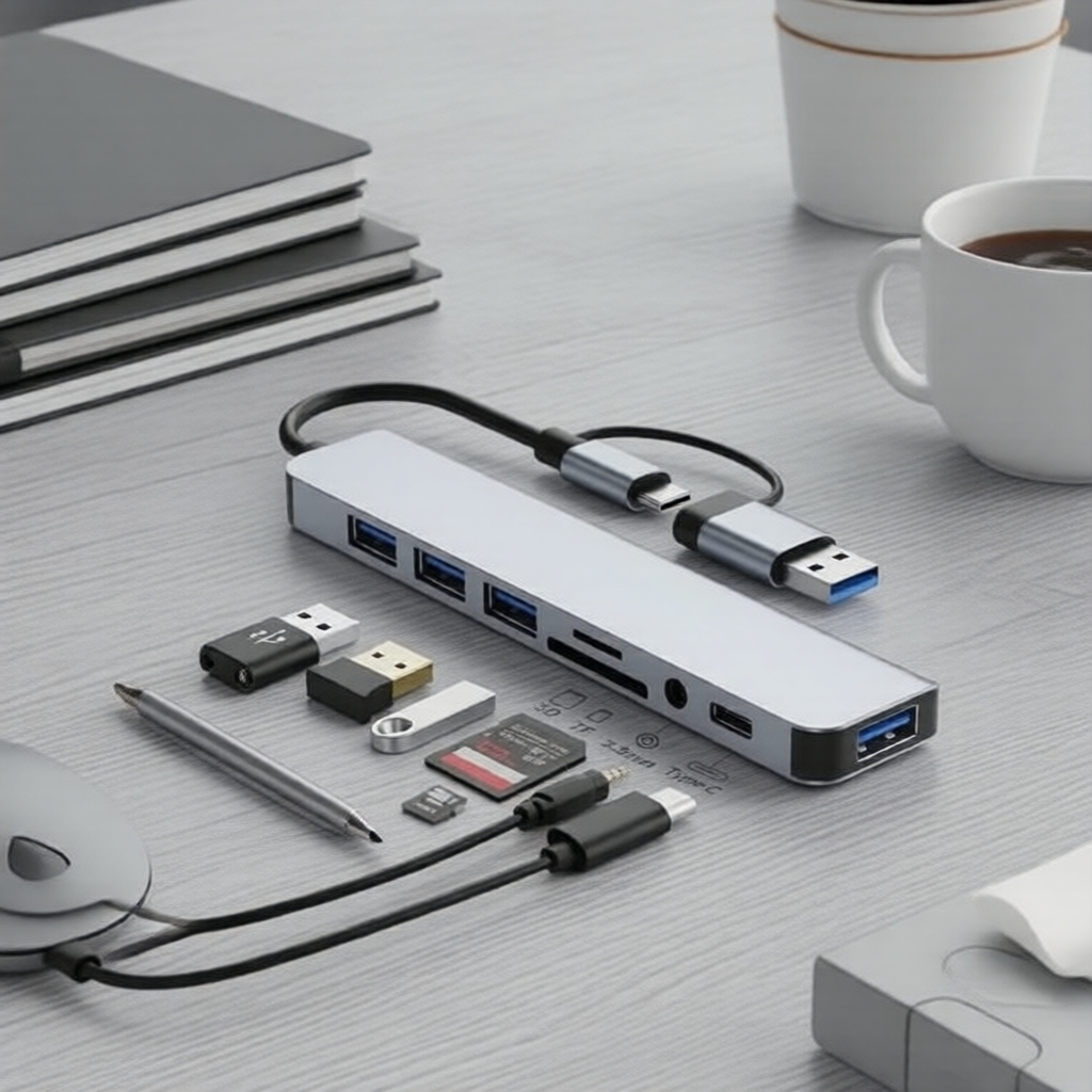 อะแดปเตอร์ฮับ USB-C 8-in-2 พร้อมช่องอ่าน SD/TF ช่องเสียง 3.5 มม. และชาร์จผ่าน PD