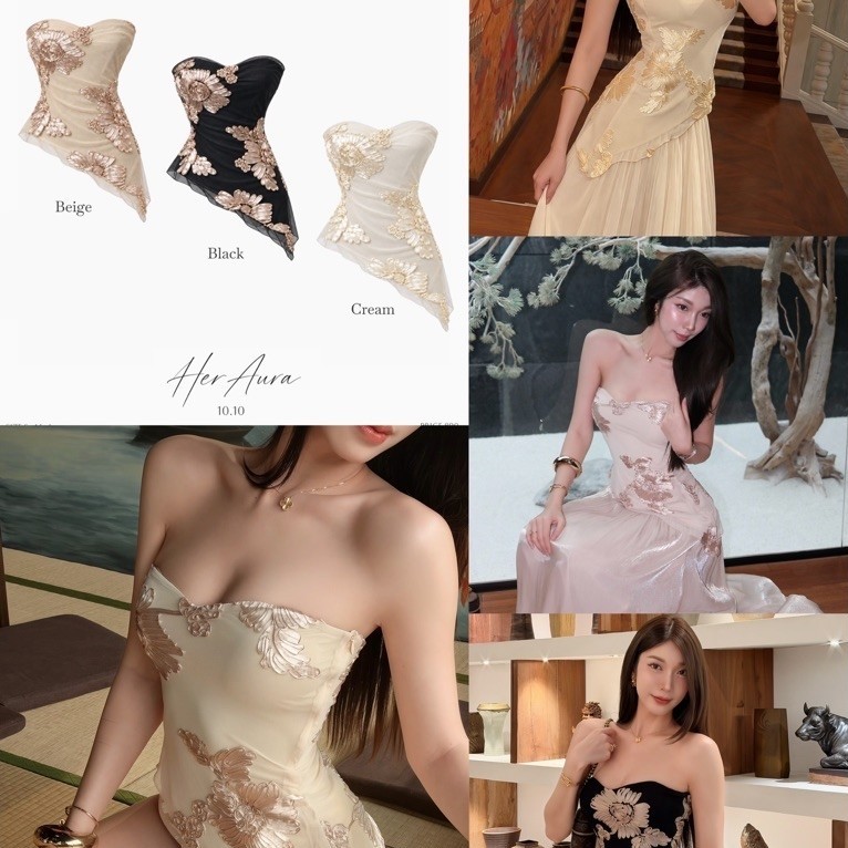 Rosaline top 890.- เสื้อเกาะอก ทรงเข้ารูป ตกแต่งลายดอกไม้