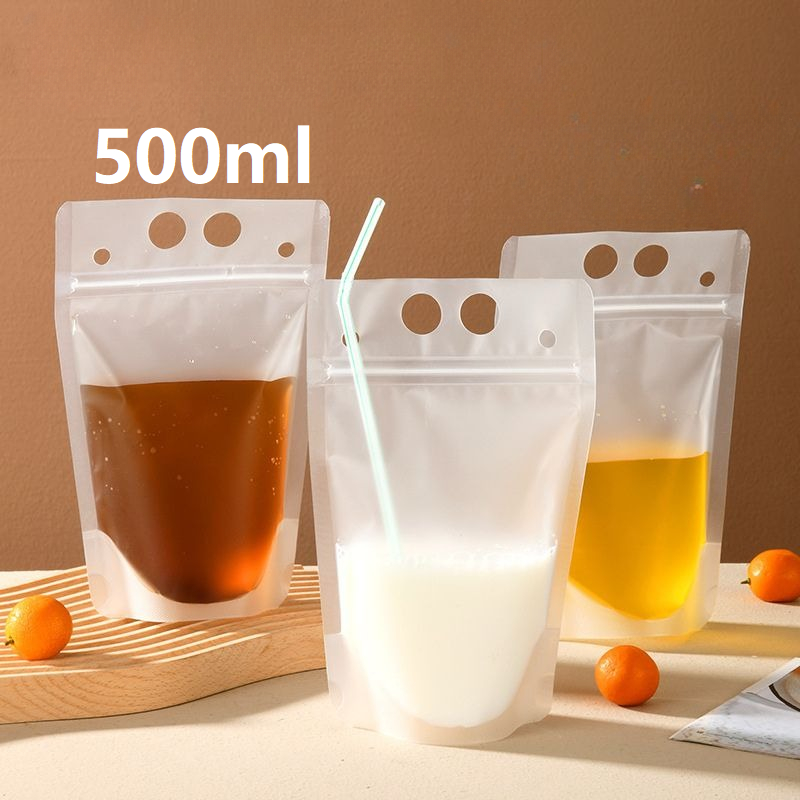 ถุงใส่น้ำมีหูหิ้ว 500ml ซิปล็อก ก้นตั้งได้ (50 ใบ)