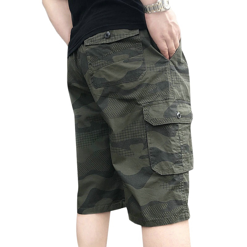 กางเกงขาสั้นยางยืดลายพรางหลายกระเป๋า big size 100% cotton