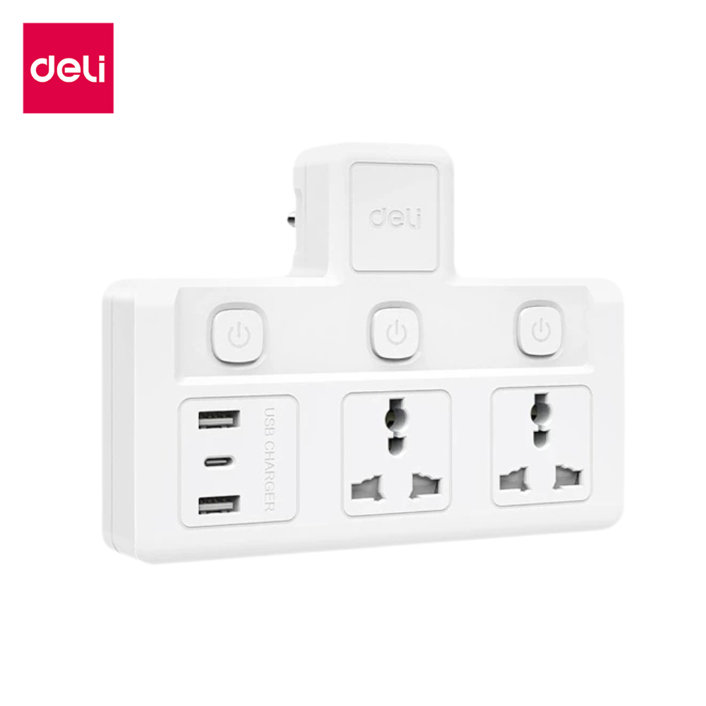 Deli ปลั๊กไฟ ปลั๊กแปลง FastCharge กำลังไฟ 10A 2500W 2USB 1TypeC ทนความร้อน 750องศา Universal Adapter