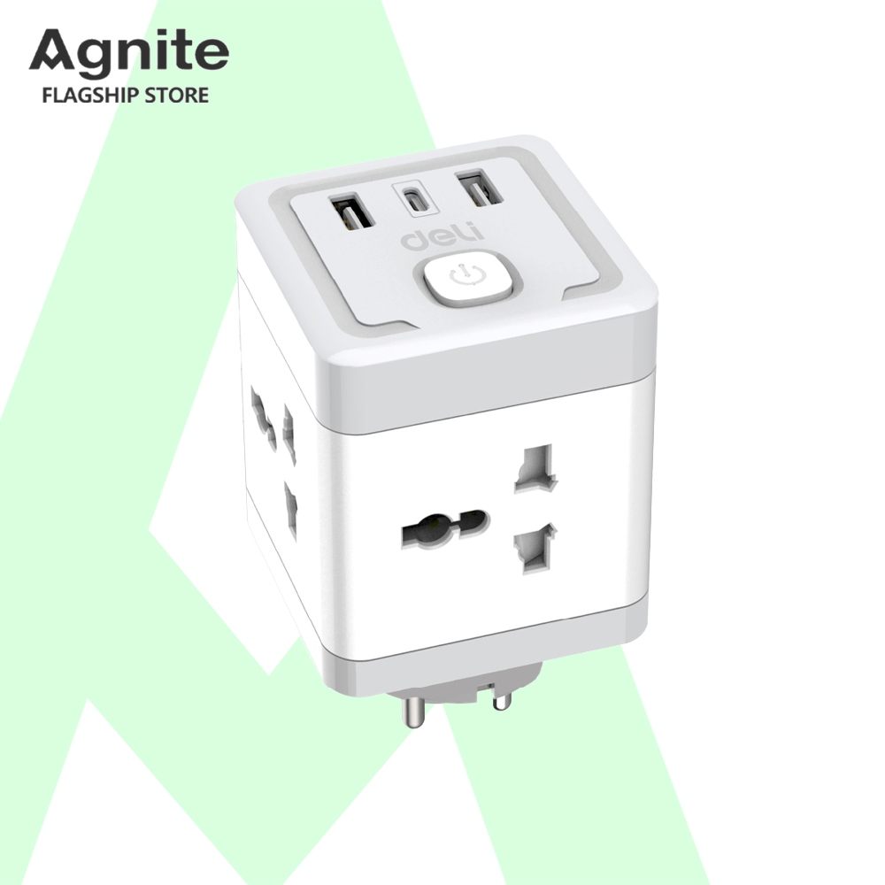 Agnite ปลั๊กแปลง ปลั๊กไฟอแดป์เตอร์ 3in1 ปลั๊กสามตา 4ช่อง พร้อม USB Type-C Socket USB Adapter