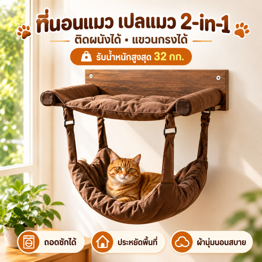 ที่นอนแมว เปลแมว 2-in-1 ติดผนัง/แขวนกรงได้
