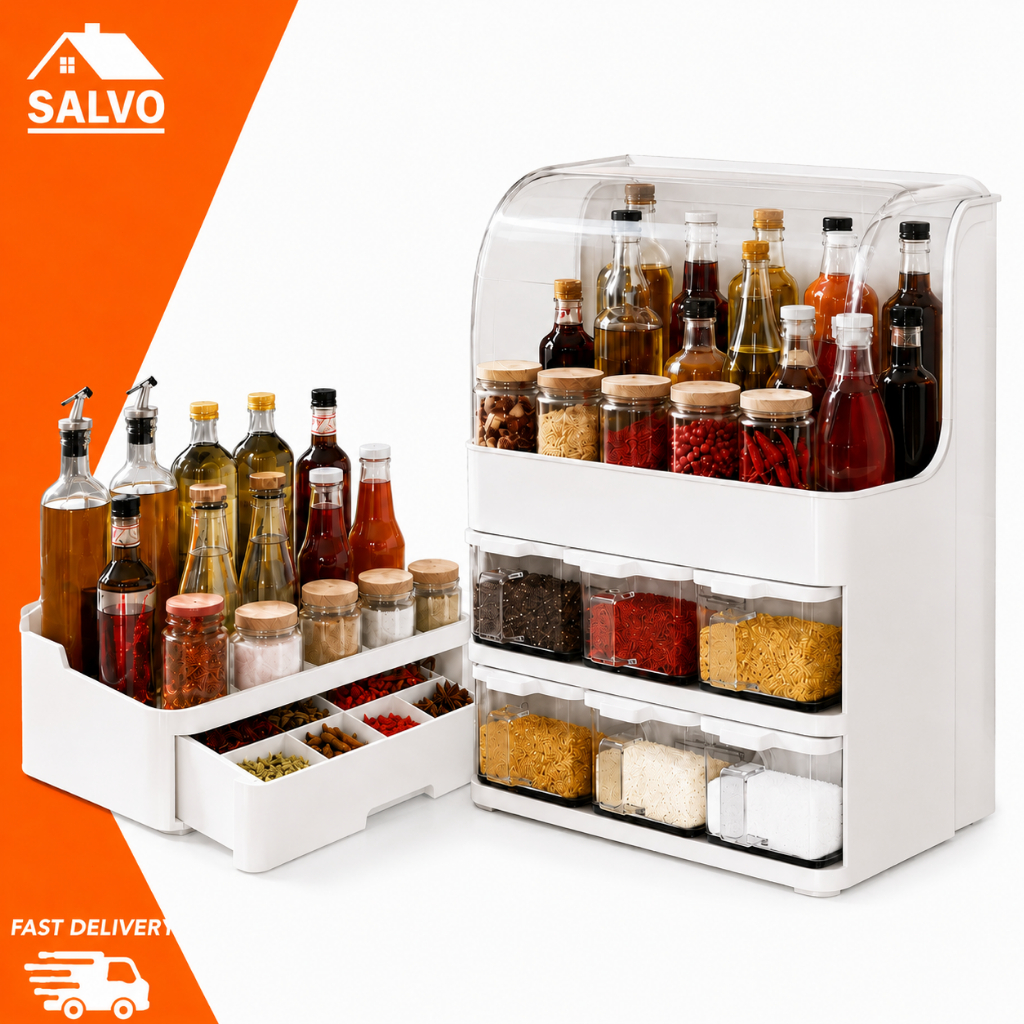SALVO ชั้นวางเครื่องปรุงรส กันฝุ่น กล่องเก็บอาหารแห้ง 6 ช่อง
