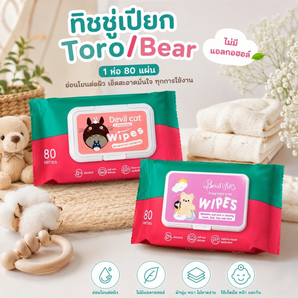 ทิชชู่เปียกคละลาย Baby Wipes 1ห่อ40แผ่น