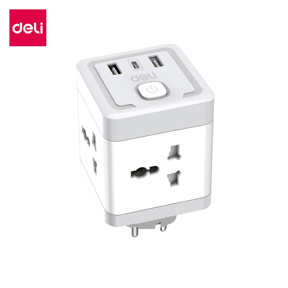 Deli ปลั๊กสามตา ปลั๊กแปลง อแดป์เตอร์ รองรับ USB Type-C 3in1 มี4ช่อง