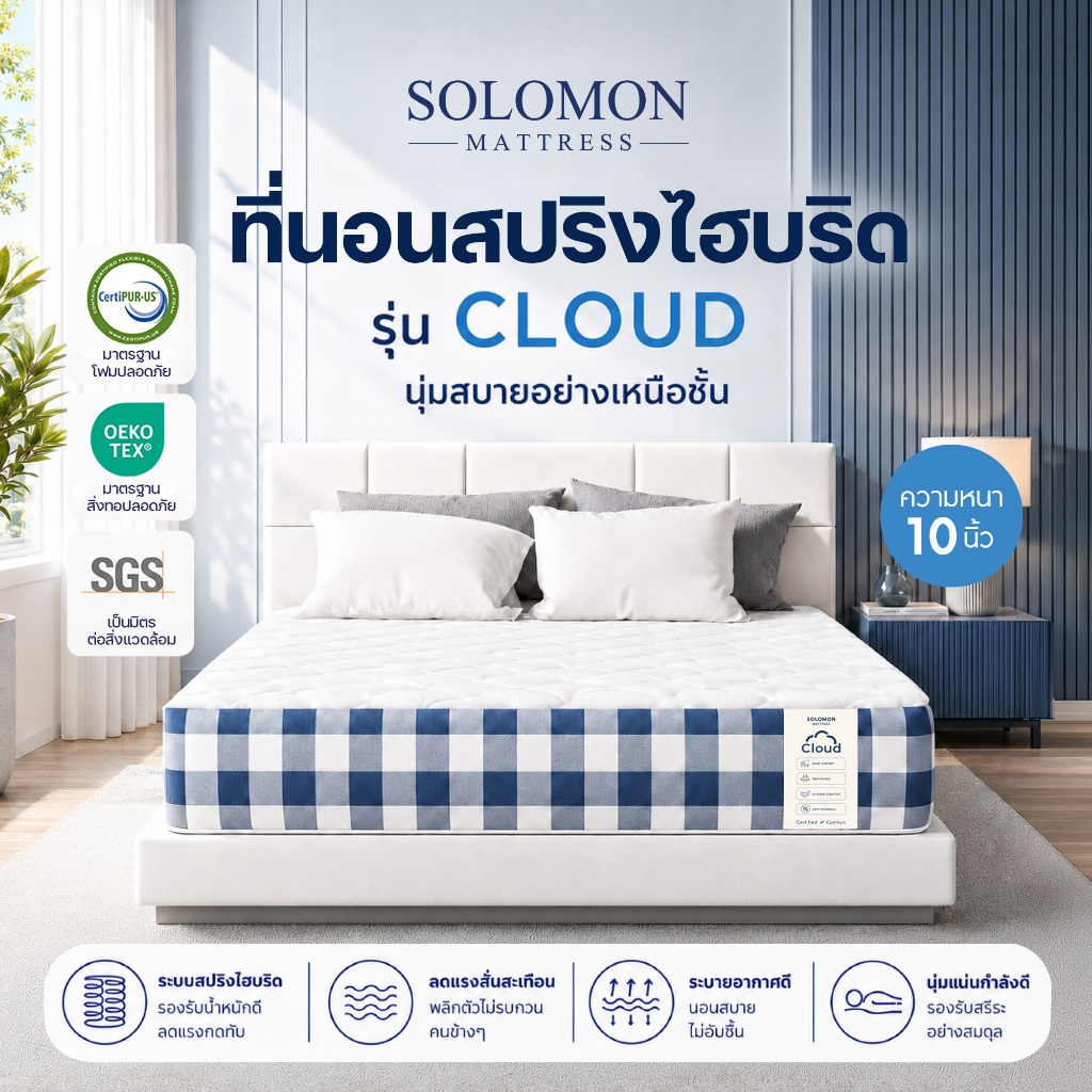 Solomon ที่นอนสปริง เกรดโรงแรม หนา 10 นิ้วสปริงไฮบริด รุ่น Cloud