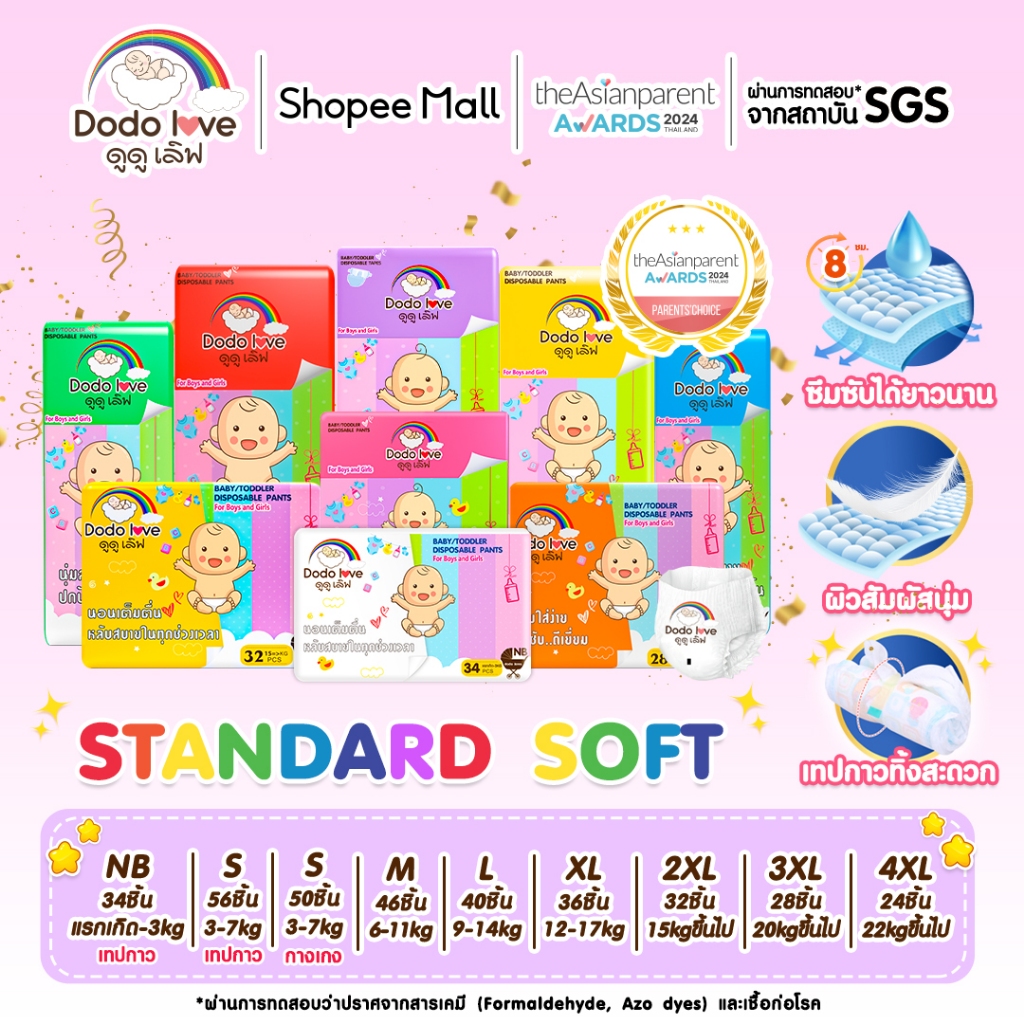 [ Specials ] แพ็คเดี่ยว DODOLOVE Standard Soft กางเกงผ้าอ้อม Size NB-4XL นุ่ม บางเบา ใส่สบาย ผ้าอ้อม มีโลเทปม้วนทิ้ง