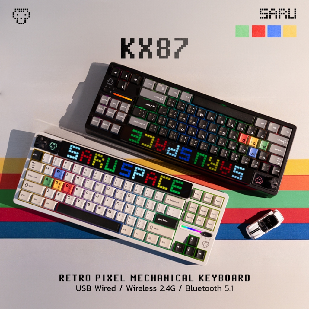 SARU คีย์บอร์ดเกมมิ่ง KX87 Dual LED Pixel Art Screen/Knob TKL 80% 87 ปุ่ม