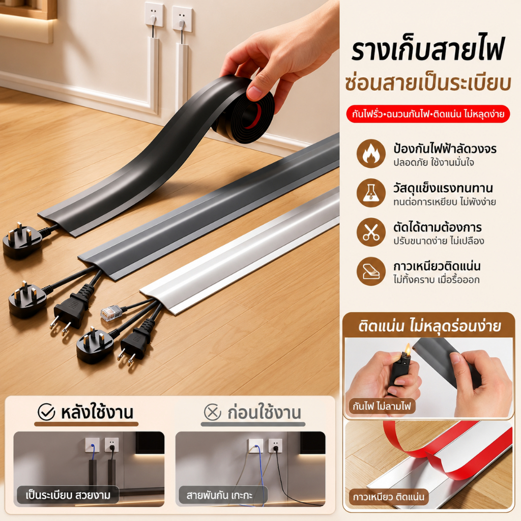 รางเก็บสายไฟแบบยืดหยุ่น ที่จัดระเบียบสายเคเบิล