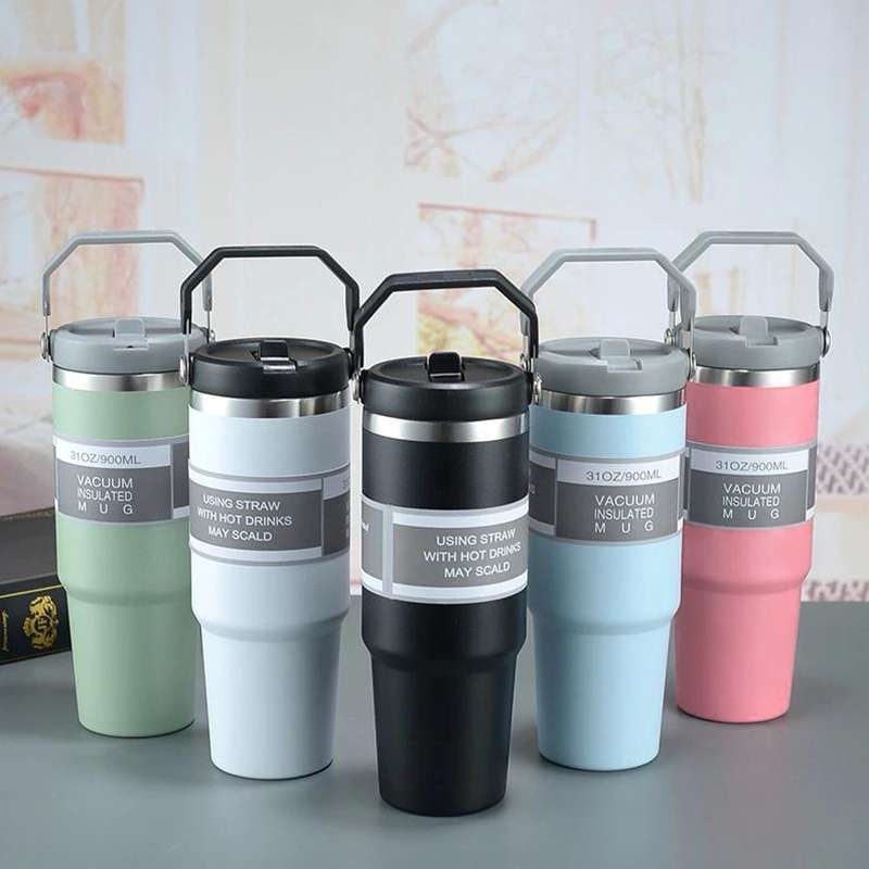 แก้วสแตนเลส 304 890ML มีหูหิ้วและหลอด