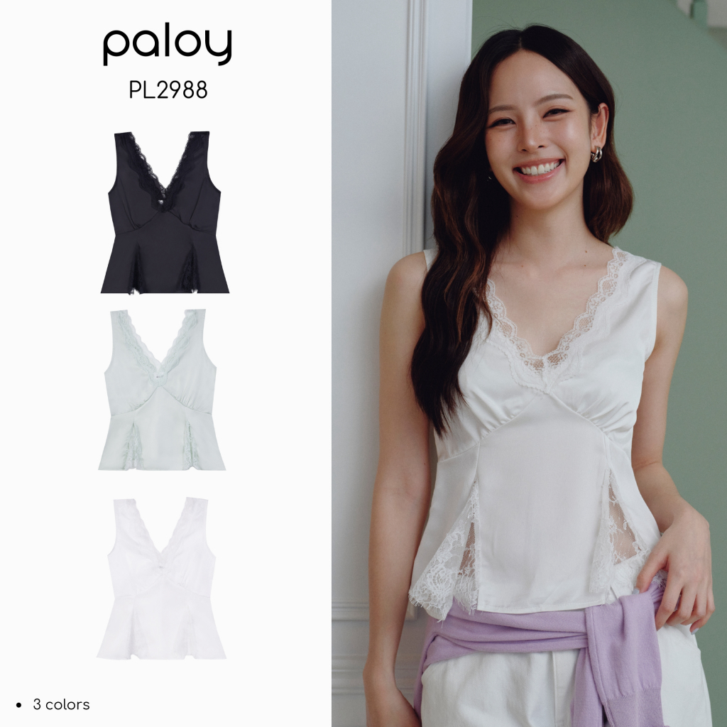 Paloy - PL2988 Blair Top เสื้อแขนกุดผ้าซาตินแต่งขอบคอลูกไม้หยัก (Classic Moment)