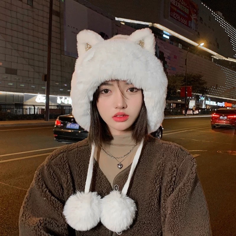 หมวกกันหนาวขนเฟอร์นุ่มฟู ดีไซน์แต่งหูฟูใหญ่