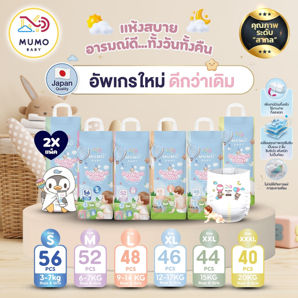 Mumo Baby Day&Night Pants ไซส์S-3XL กางเกงผ้าอ้อมเด็ก มูโมะเบบี้ แพมเพิสเด็ก (2แพ็คสุดคุ้ม)